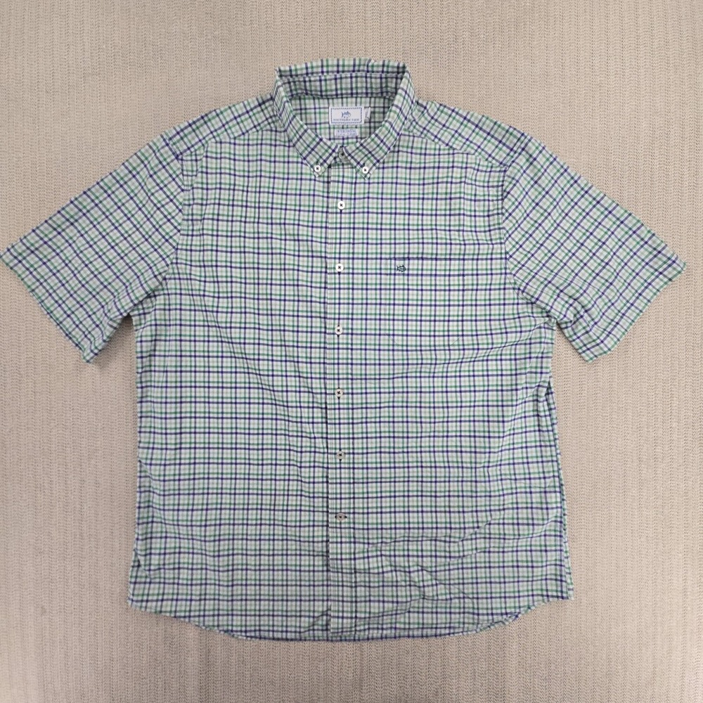 Southern Tide Intercoastal Shirt Mens XL Green Blue Check Short Sleeve Button Up